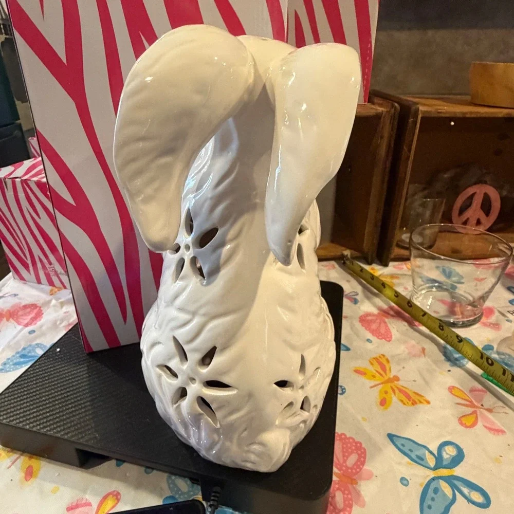 Pink Zebra White Ceramic Standing Bunny Rabbit Simmer Pot Wax Warmer Base 10
